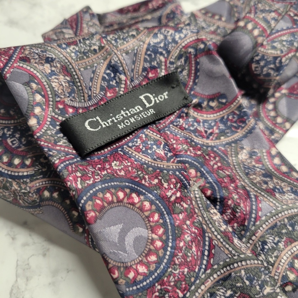 Christian Dior Monsieur Tie Grey Burgundy Navy Medallion Paisley Silk Vintage